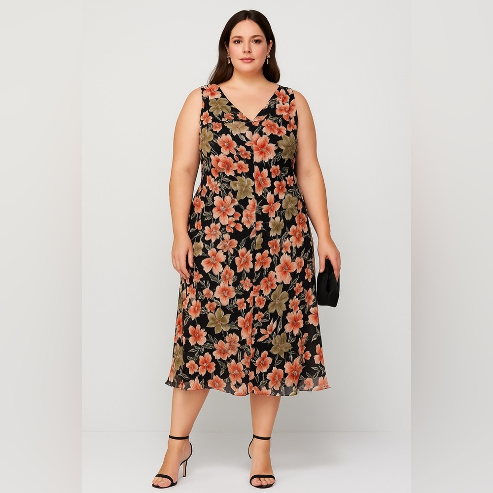 🌺 Alfani 100% Silk Floral Midi Dress | Size 22W | Black Coral & Taupe Print